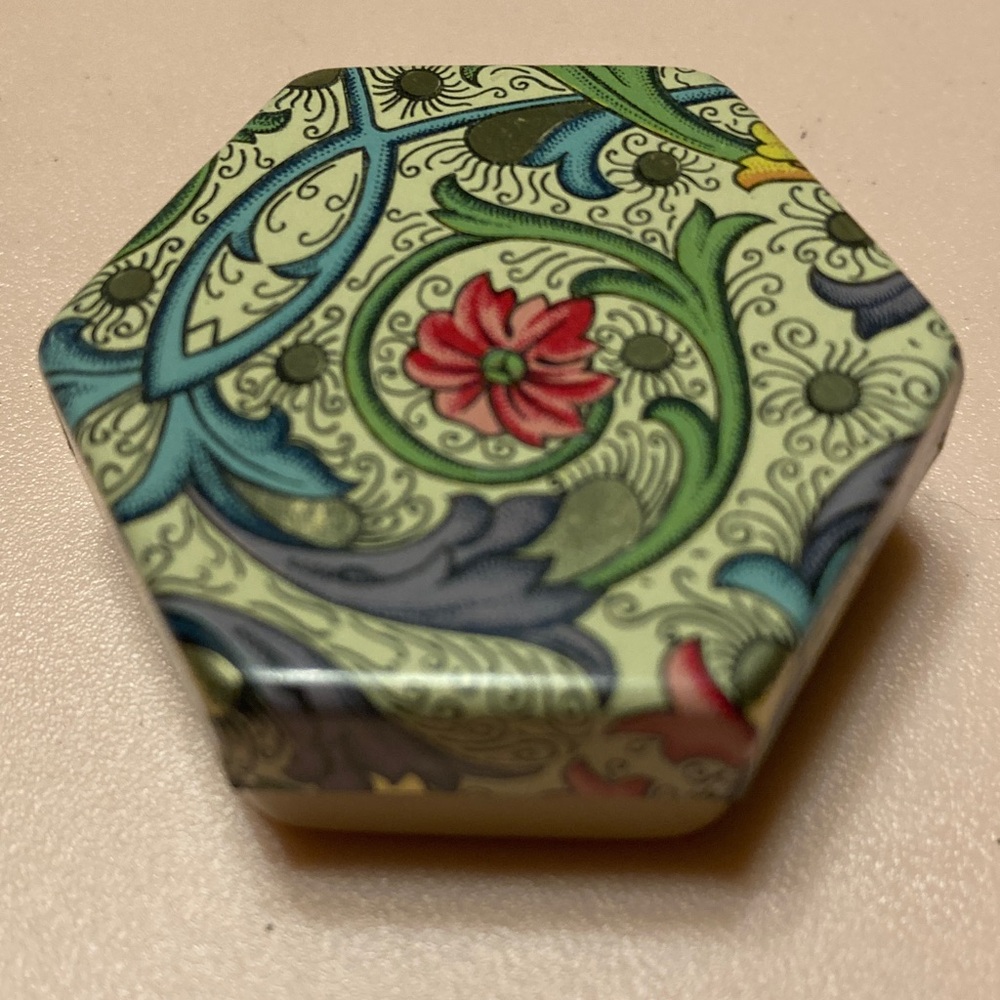 Floral Hexagonal tin pill/trinket box. Multicolor